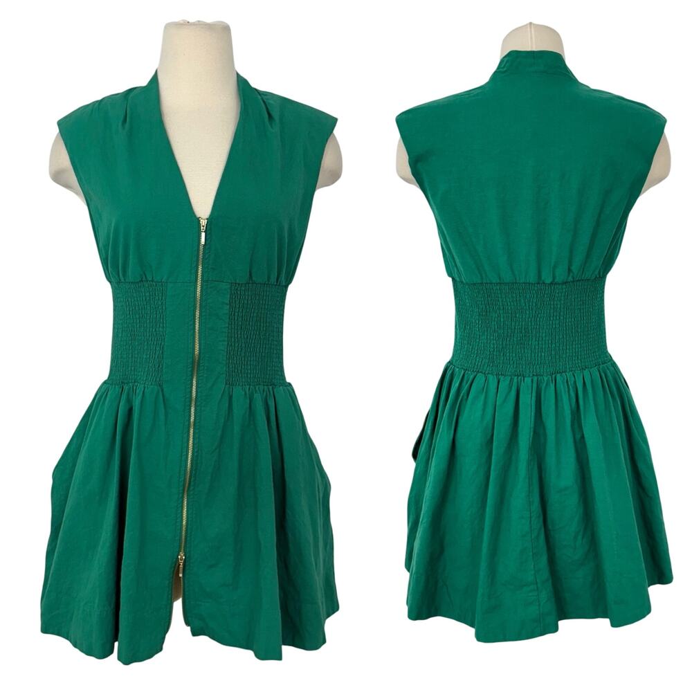 Anthropologie Tommie Smocked Mini Dress Linen Front-Zip Shirt Dress Green XL